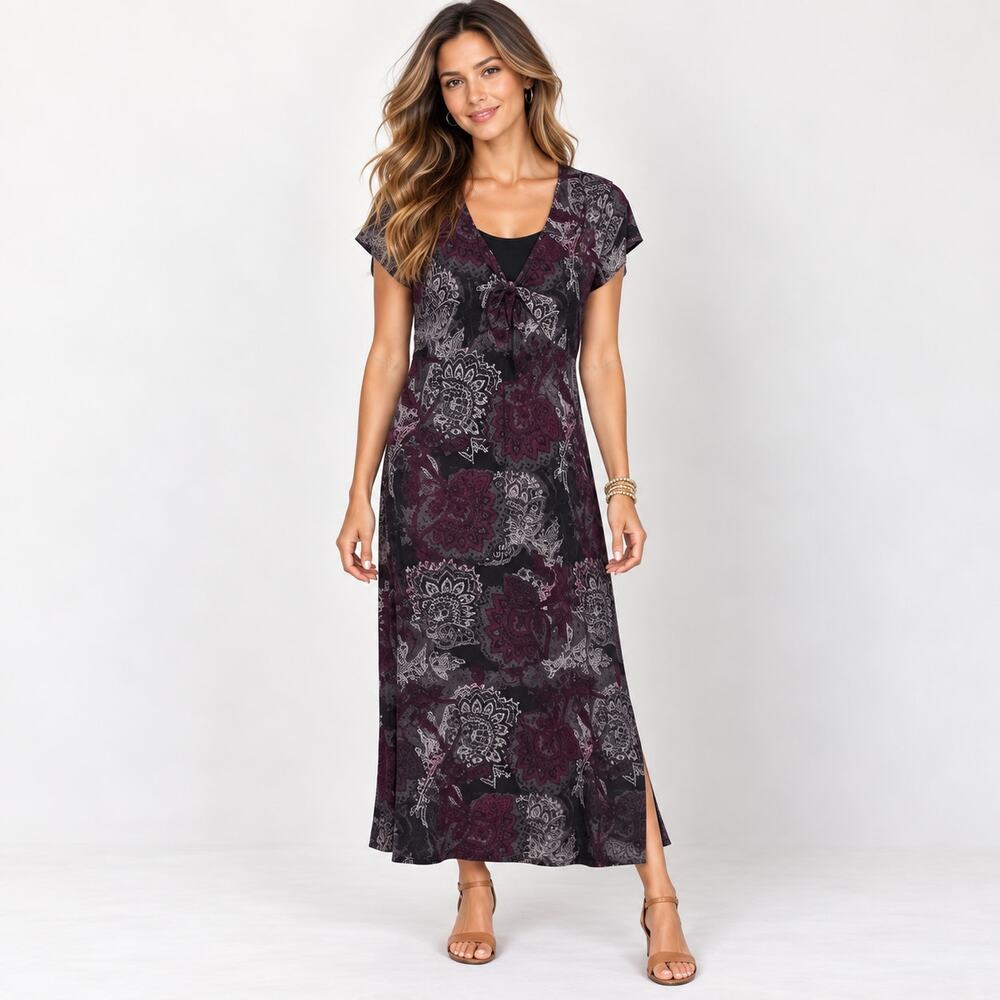 Croft & Barrow Slinky Midi Dress Womens Size M Gray Burgundy Paisley Boho Office
